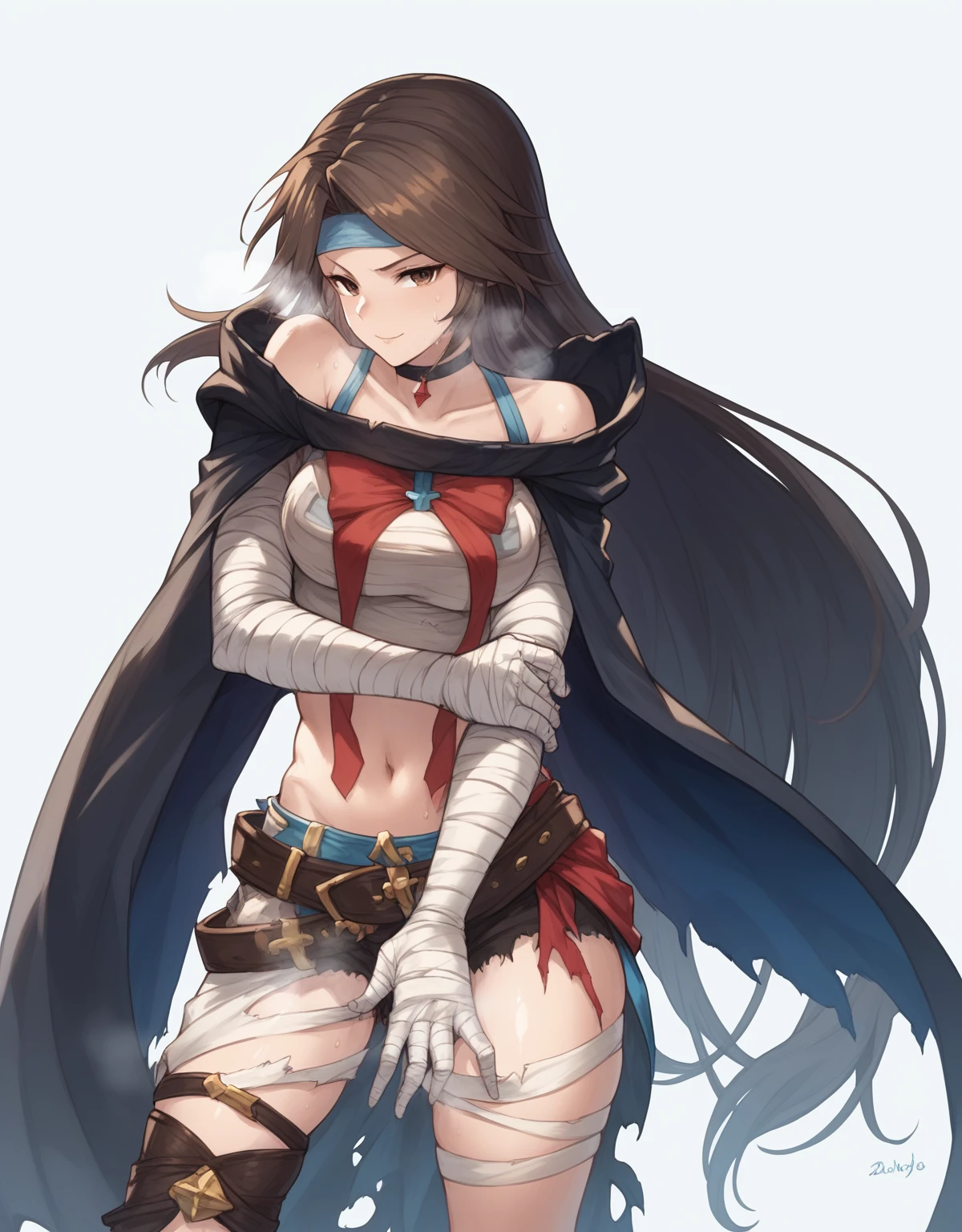 (harayutaka art style:0.7), score_9, score_8_up, score_7_up, score_6_up, uncensored, katalina \(granblue fantasy\), long hair, parted bangs, brown hair, brown eyes, sweating, BREAK (masterpiece:1.2), best quality, high resolution, (detailed eyes:1.3), perfect lighting, (perfect hands, perfect anatomy), looking at viewer, 1girl, bandages, solo, bandaged_arm, choker, breasts, black_choker, collarbone, torn_clothes, navel, torn_shorts, looking_at_viewer, embarrassed, blush face, 