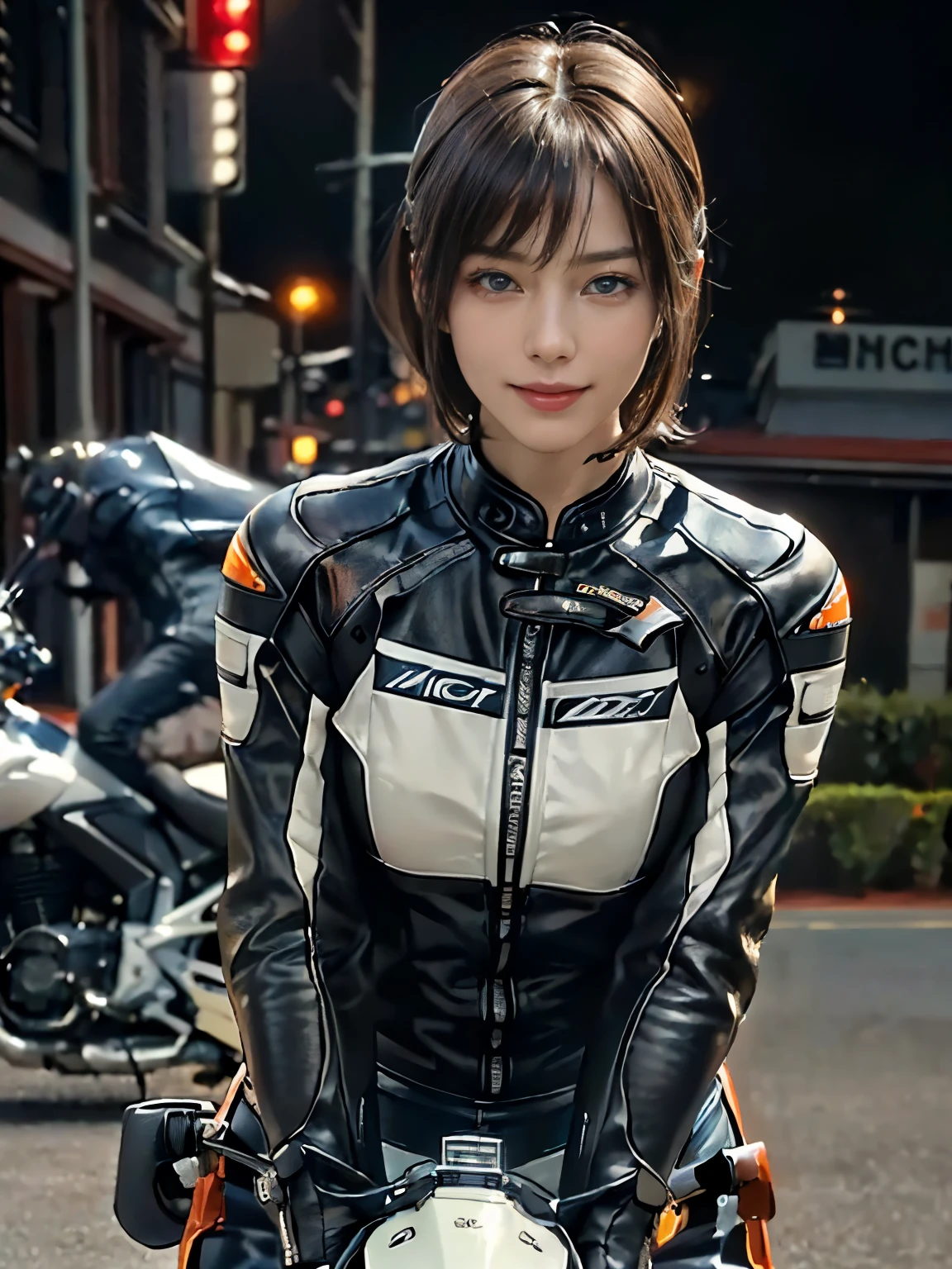 (8K, Highest quality photo quality:1.3), so beautiful, .3d, Brown Hair、Very Short Hair, blue eyes, (Abdominal muscles, Slim figure: 1.1), Sharp focus, (((Intricate details)), Beautiful and delicate lips, Beautiful and delicate nose, Beautiful and delicate face, Beautiful and delicate eyes, ((Realisticなしっとりと白い肌)), (Realistic, Realistic), Cinematic Light, Face Light, Attractive long limbs, smile, (((Detailed Motorcycle)))、(((Riding a motorcycle)))、Full Body Shot、Orange fitted long sleeve racing leather suit