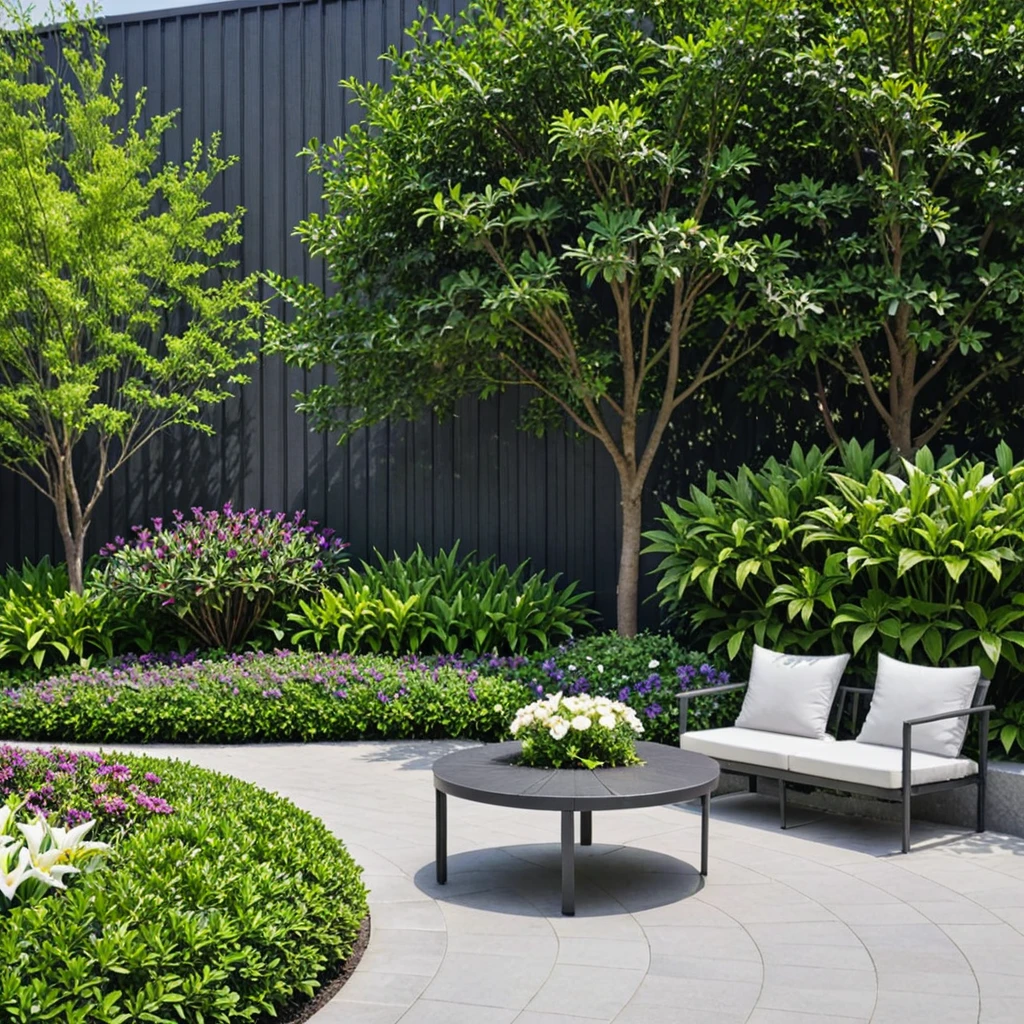 qlcd,tingyuan,Modern landscaped courtyard,no humans,scenery,tree,outdoors,bench,flower,chair,plant,day,shadow,This picture shows a modern style outdoor rest area. There is a circular table in the center of the area,on which a bunch of white lilies are placed. Four white mesh chairs were placed around the table. The background is a wall composed of dark gray vertical slats,surrounded by various plants,including purple flowers,green leafed shrubs,and a small tree. The entire scene is illuminated by sunlight