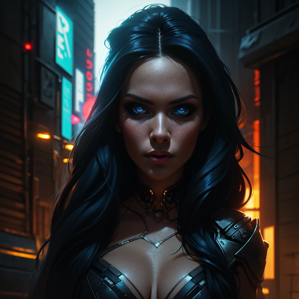 full-length portrait, cyberpunk archer, beautiful detailed eyes, beautiful detailed lips, extremely detailed eyes and face, long eyelashes, intricate futuristic armor, glowing neon bow, cybernetic enhancements, dystopian city background, moody dramatic lighting, cinematic composition, vibrant neon colors, hyper detailed, 8k, photorealistic, masterpiece