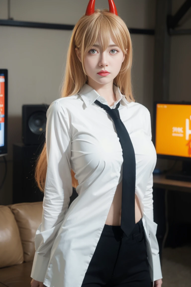 best quality, tmasterpiece,Ultra-high resolution,Clear face,（Reality：1.4），ferpect lighting，(upper body shot), (photorealistic:1.50), anime wallpaper, Guviz style artwork, cover-up fantasy up to magic , by Yang J, Guviz, beautiful artwork illustration, beautiful digital artwork, beautiful digital illustration, Li Song, beautiful anime portrait, art style in Beauvot,  (1girl:1.3), glitch art, (digital distortion), pixelated fragments, data corruption,colorful noise, visual chaos,contemporary aesthetics,happy (blonde hair:1.2), white shirt, red horn, black necktie, black pants, close-up,(red horns, symbol-shaped pupils, cross-shaped pupils, Orange Eyes,), 独奏, standing, (glowing Orange Eyes: 1.4), (super giant breasts:1.3), cowboy shot, stare, looking at viewer, (interview:1.3), high resolution, (looking at viewer:1.15),colorful blood,blood is bright red), ((hands behind the scenes, hands behind your back)). Long hair,