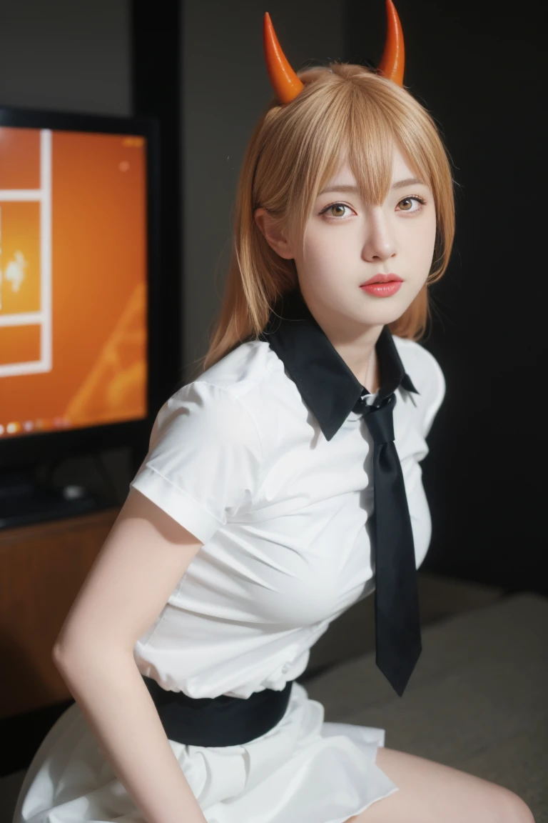 best quality, tmasterpiece,Ultra-high resolution,Clear face,(Reality:1.4),ferpect lighting,(upper body shot), (photorealistic:1.50), anime wallpaper, Guviz style artwork, cover-up fantasy up to magic , by Yang J, Guviz, beautiful artwork illustration, beautiful digital artwork, beautiful digital illustration, Li Song, beautiful anime portrait, art style in Beauvot, (1girl:1.3), glitch art, (digital distortion), pixelated fragments, data corruption,colorful noise, visual chaos,contemporary aesthetics,happy (blonde hair:1.2), white shirt, red horn, black necktie, black pants, close-up,(red horns, symbol-shaped pupils, cross-shaped pupils, Orange Eyes,), 独奏, standing, (glowing Orange Eyes: 1.4), (super giant breasts:1.3), cowboy shot, stare, looking at viewer, (interview:1.3), high resolution, (looking at viewer:1.15),colorful blood,blood is bright red), ((hands behind the scenes, hands behind your back)). Long hair,