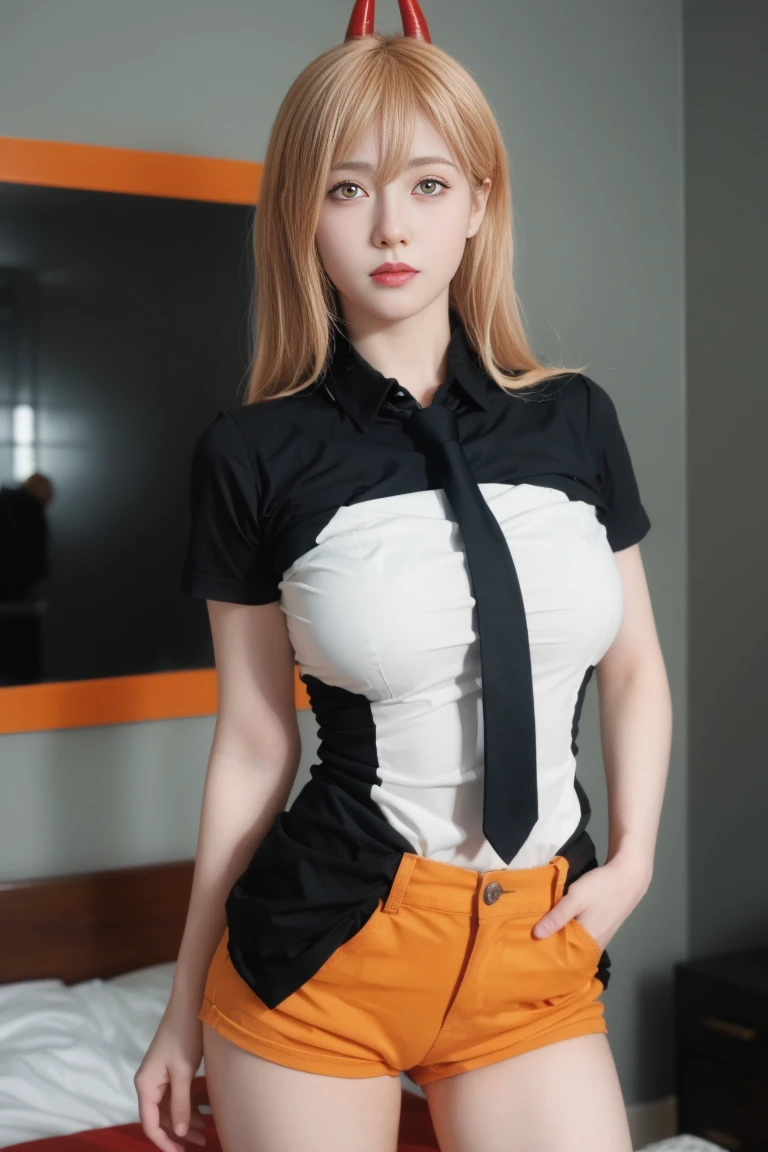 best quality, tmasterpiece,Ultra-high resolution,Clear face,(Reality:1.4),ferpect lighting,(upper body shot), (photorealistic:1.50), anime wallpaper, Guviz style artwork, cover-up fantasy up to magic , by Yang J, Guviz, beautiful artwork illustration, beautiful digital artwork, beautiful digital illustration, Li Song, beautiful anime portrait, art style in Beauvot, (1girl:1.3), glitch art, (digital distortion), pixelated fragments, data corruption,colorful noise, visual chaos,contemporary aesthetics,happy (blonde hair:1.2), white shirt, red horn, black necktie, black pants, close-up,(red horns, symbol-shaped pupils, cross-shaped pupils, Orange Eyes,), 独奏, standing, (glowing Orange Eyes: 1.4), (super giant breasts:1.3), cowboy shot, stare, looking at viewer, (interview:1.3), high resolution, (looking at viewer:1.15),colorful blood,blood is bright red), ((hands behind the scenes, hands behind your back)). Long hair,