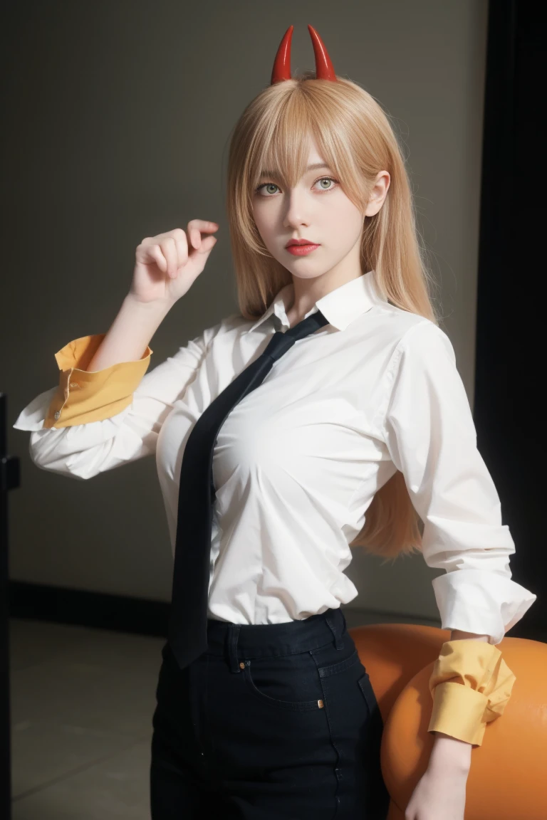 best quality, tmasterpiece,Ultra-high resolution,Clear face,（Reality：1.4），ferpect lighting，(upper body shot), (photorealistic:1.50), anime wallpaper, Guviz style artwork, cover-up fantasy up to magic , by Yang J, Guviz, beautiful artwork illustration, beautiful digital artwork, beautiful digital illustration, Li Song, beautiful anime portrait, art style in Beauvot,  (1girl:1.3), glitch art, (digital distortion), pixelated fragments, data corruption,colorful noise, visual chaos,contemporary aesthetics,happy (blonde hair:1.2), white shirt, red horn, black necktie, black pants, close-up,(red horns, symbol-shaped pupils, cross-shaped pupils, Orange Eyes,), 独奏, standing, (glowing Orange Eyes: 1.4), (super giant breasts:1.3), cowboy shot, stare, looking at viewer, (interview:1.3), high resolution, (looking at viewer:1.15),colorful blood,blood is bright red), ((hands behind the scenes, hands behind your back)). Long hair,