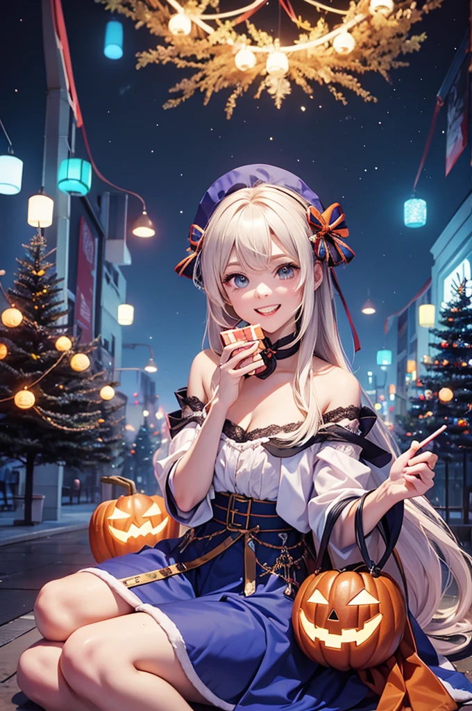 The anime-style event image beautifully blends Christmas and Halloween elements.。In the center of the image is the、The Christmas tree is standing、Colourful Halloween decorations。Around the tree、There are lots of cute anime characters、They are happily exchanging gifts。under the tree、There are lots of candies and sweets、It depicts children being happy.。In the background、The blue sky and white clouds are spreading、It adds to the excitement of the event.。The overall atmosphere is bright and glamorous.、You can enjoy both Christmas and Halloween.。