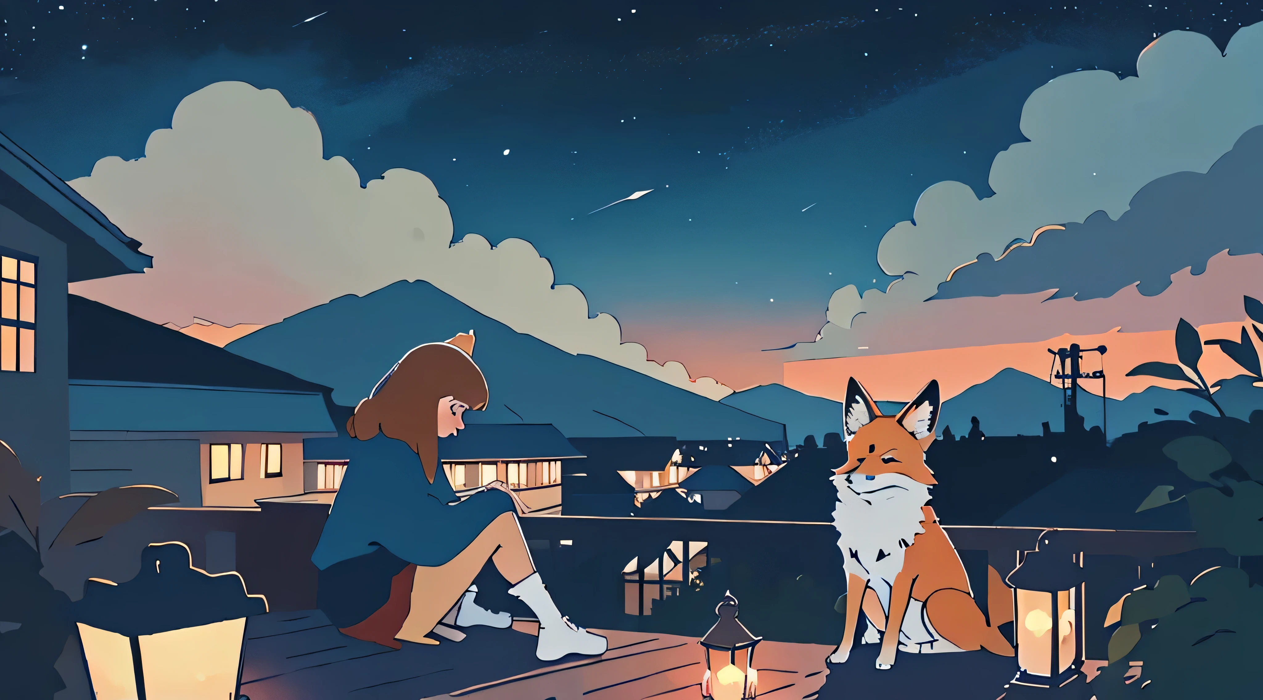 a girl sitting on a porch with a fox, with a view of the night sky