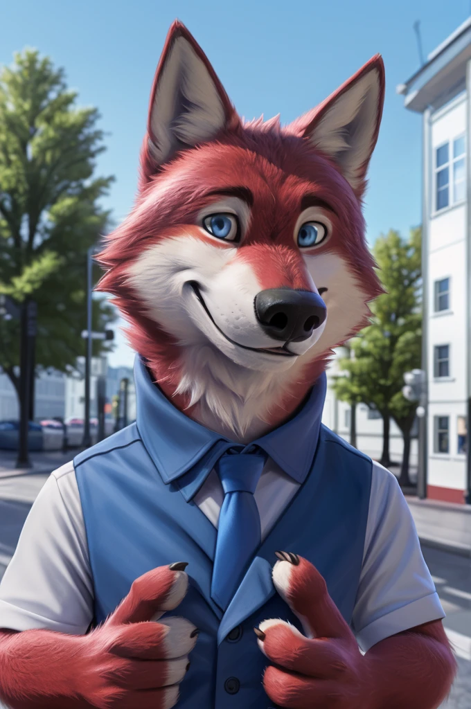 Ivan Wolfbach (Moscow),high,Beautiful,slim,24 years,wolf, red fur,high Beautiful wolf, 24 years,(red body:1.3),beautiful blue eyes,Moscow россия, shirt tie, trousers,canine, wolf, detailed fur, male, antro, paw pads, finger claws, at viewer, 5 fingers, paws, 5 fingers,day,digital photography, soft focus,good mood,photorealism, realistic, photorealistic,digital style,from close walks around the city, Very close to the camera, digital photography, smile positive, good,mood,,close to the camera, at home in apartment writing a book,
masterpiece, Best quality, ultra realistic, 8 k)