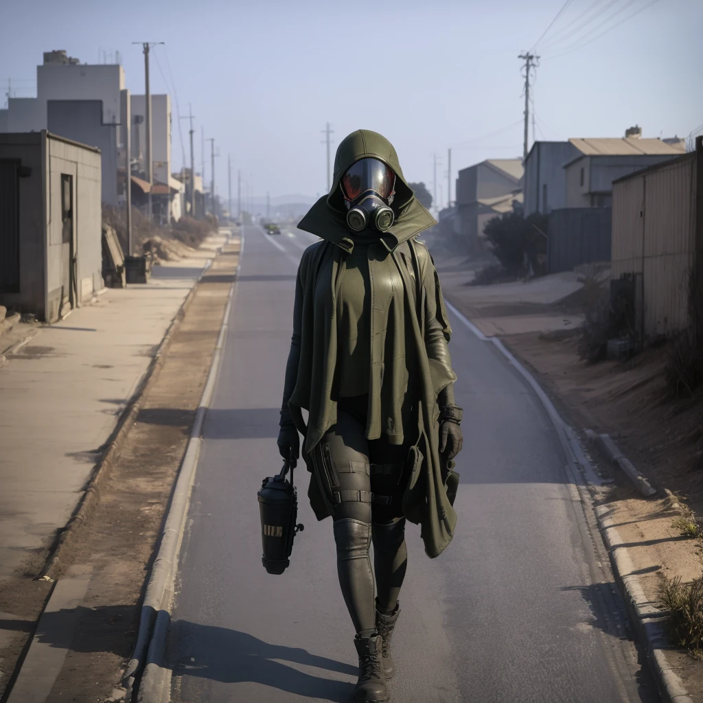 She is walking in middle of a street wearing a gas mask, abandon city with only one Power Nuclear Plant in the distance but there is not other people , there is a olive green toxic gas in the ambient, ultra high quality, 4K, low angle,