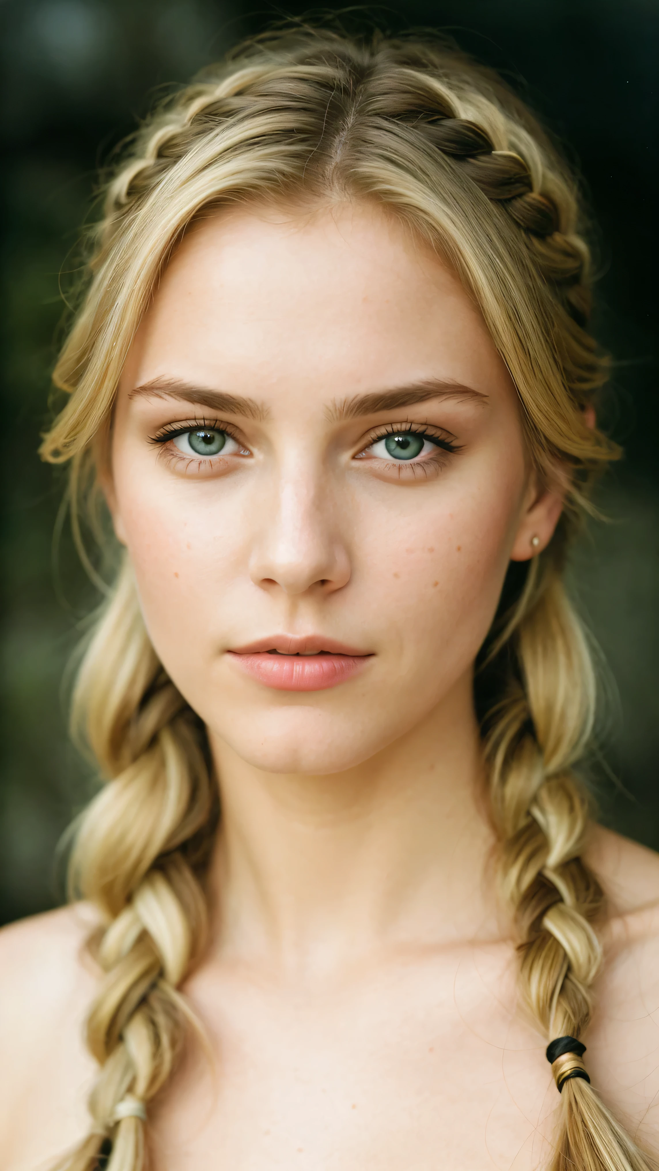 Photograph of a woman, (ambivalent facial expression), face looking at camera, full face, portrait, faces are visible more, and the eyes look straight, textured leather, goosebumps, ash blonde mermaid with braid, Perfect eyes, (ektachrome), Velvia 100 color, shot with Leica T, hips, sharp focus on the subject, shot by Peter Lindbergh, realistic look