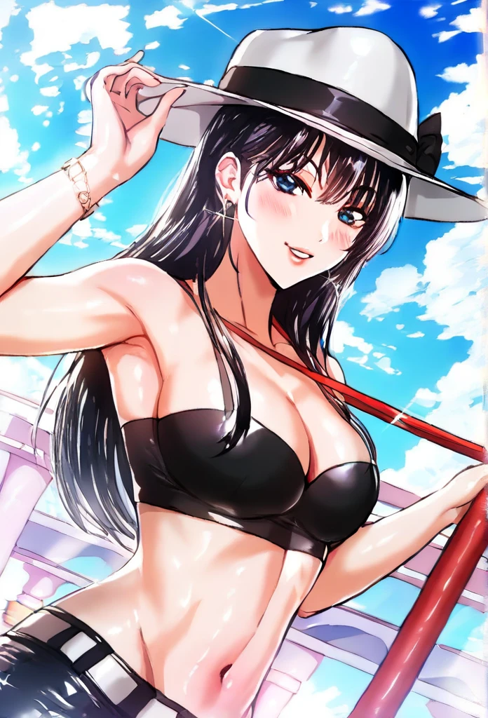 ((Highest quality)),(Ultra-high resolution),(Very detailed),(Detailed Description),((The best CG)),(A masterpiece),Ultra-detailed art,Amazing painting art,(Contemporary art with precise details:1.5),(Fashion magazine cover:1.8), (1 female fashion model:1.6),(Beautiful and well-proportioned face:1.5),Fashion Leader:1.6,Powerful gaze:1.4,(Wear your hat at an angle:1.3),Cropped tops,