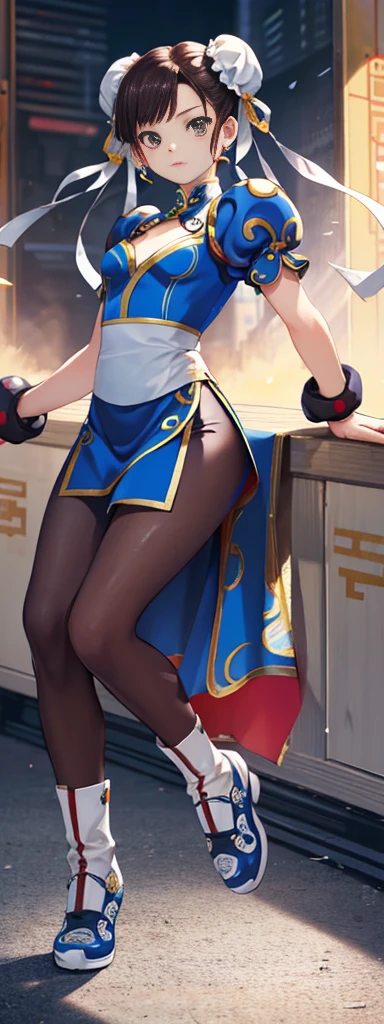 chun-li,((masterpiece)), ((best quality)), ((ultra detailed)), ((kawaii)), cute, (lovely), ((extremely detailed)), ((8K)), (beautiful),flat breast, tiny breast,full body