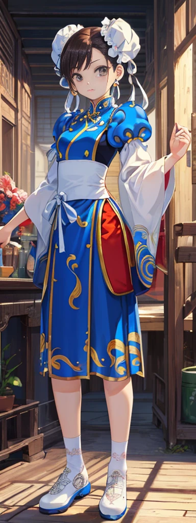 chun-li,((masterpiece)), ((best quality)), ((ultra detailed)), ((kawaii)), cute, (lovely), ((extremely detailed)), ((8K)), (beautiful),flat breast, tiny breast,full body