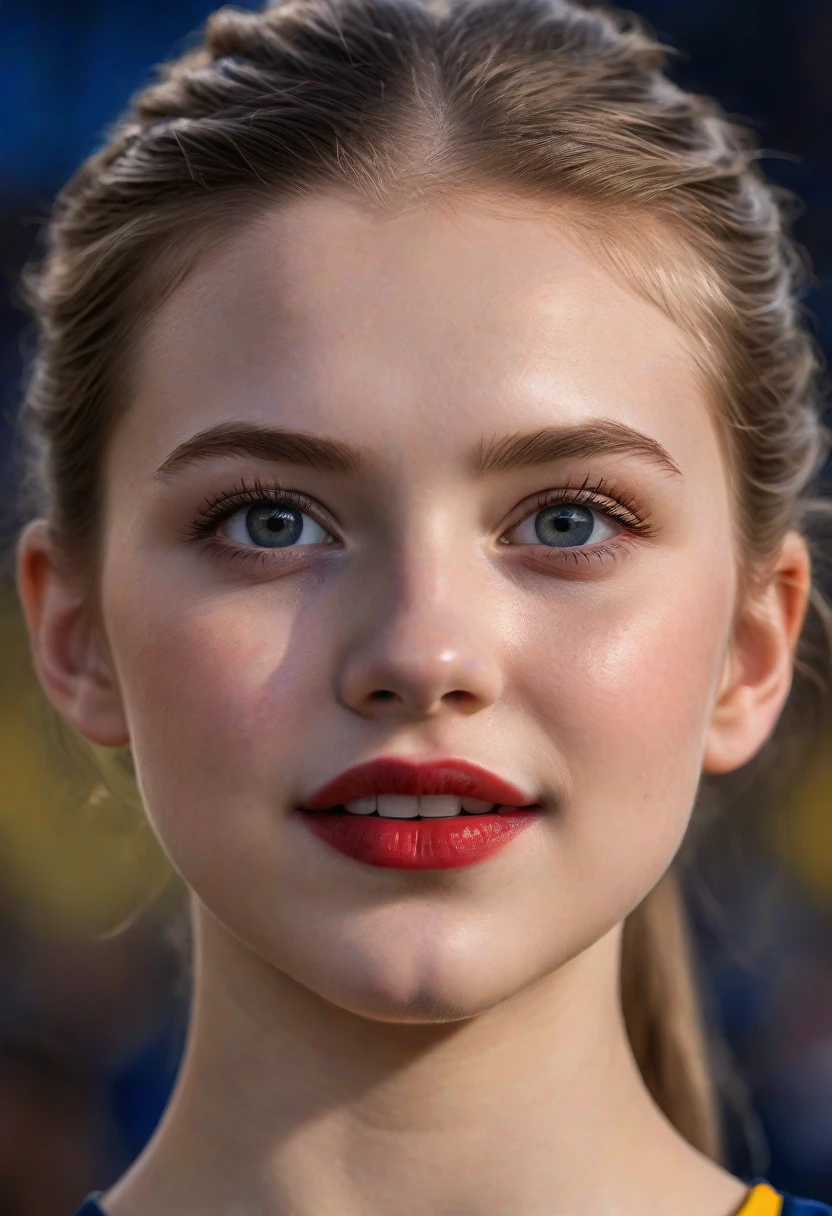 1girl, full length portrait, 9:16 aspect ratio, wide angle lens, McKenna Grace in University of Michigan cheerleader uniform by Under Armor, sheer shiny shimmering silky tan pantyhose by L'eggs, 5 inch maize high heeled pumps by Louis Vuitton, holding pompoms, cheering at Michigan Stadium, beautiful detailed eyes, beautiful detailed lips, extremely detailed face and eyes, long eyelashes, night time, red lipstick, hair in ponytail, (best quality,4k,8k,highres,masterpiece:1.2),ultra-detailed,(realistic,photorealistic,photo-realistic:1.37),HDR,UHD,studio lighting,ultra-fine painting,sharp focus,physically-based rendering,extreme detail description,professional,vivid colors,bokeh,portraits