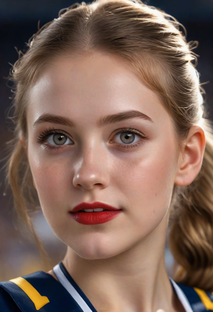 1girl, full length portrait, 9:16 aspect ratio, wide angle lens, McKenna Grace in University of Michigan cheerleader uniform by Under Armor, sheer shiny shimmering silky tan pantyhose by L'eggs, 5 inch maize high heeled pumps by Louis Vuitton, holding pompoms, cheering at Michigan Stadium, beautiful detailed eyes, beautiful detailed lips, extremely detailed face and eyes, long eyelashes, night time, red lipstick, hair in ponytail, (best quality,4k,8k,highres,masterpiece:1.2),ultra-detailed,(realistic,photorealistic,photo-realistic:1.37),HDR,UHD,studio lighting,ultra-fine painting,sharp focus,physically-based rendering,extreme detail description,professional,vivid colors,bokeh,portraits