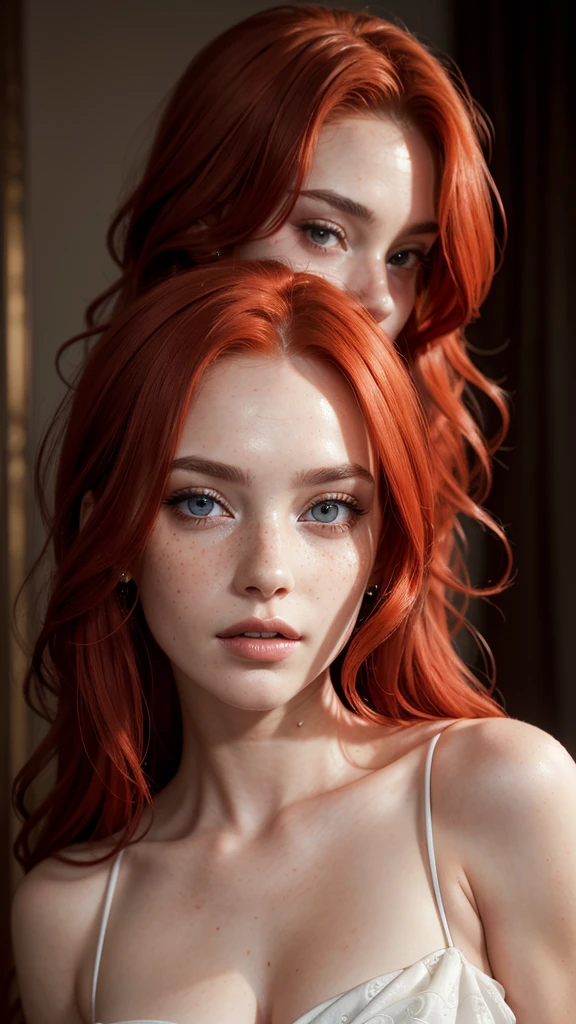 A detailed, intricate portrait of a woman with long, vibrant red hair, freckles, and a beautifully detailed face with striking eyes, full lips, and flawless skin, wearing an ornate, flowing dress, (best quality,4k,8k,highres,masterpiece:1.2),ultra-detailed,(realistic,photorealistic,photo-realistic:1.37),vivid colors,studio lighting,extremely detailed face and hair,porcelain skin,piercing eyes,lush red hair,elegant flowing dress,detailed fashion,portrait