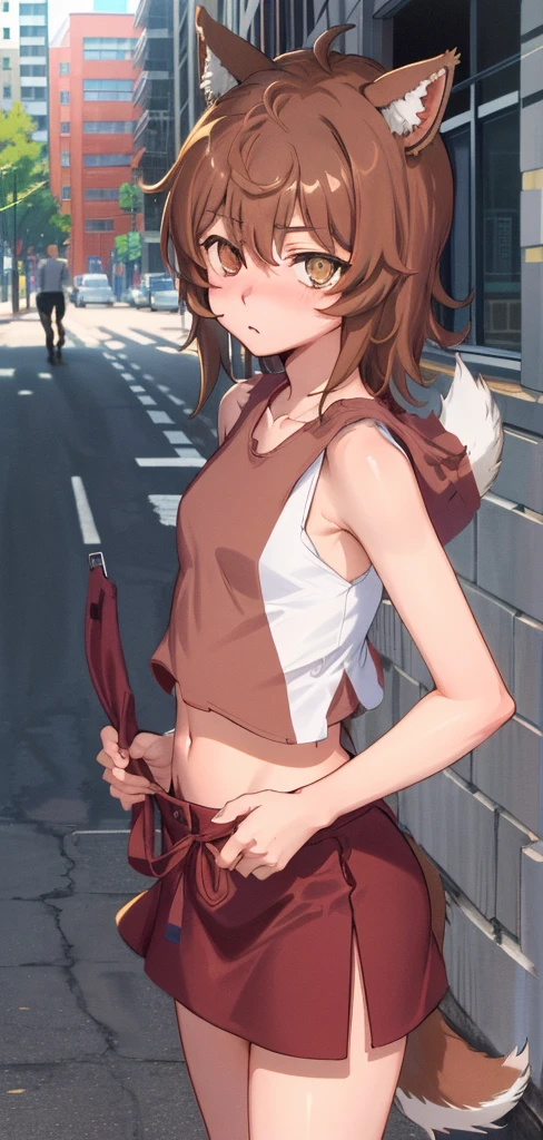 anime coloring,anime screencap,
1girl, solo, cropped tank top,  skirt, tail, animal ears, healthy skin, navel, brown hair, blush, sleeveless, dog ears, short hair, standing straight, (((ultra-detailed eyes, 20 years old, street, brown_eyes))).( Cowboy_shot).