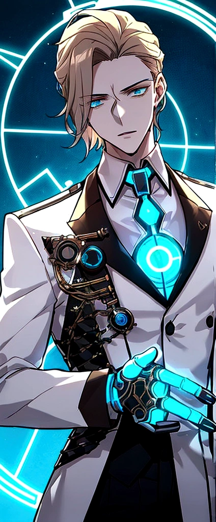 (masculine) (23 years) (a tall, slender young man with a muscular and toned body, His hair is light brown and is messy, covering his forehead., His eyes are blue and his skin is light-skinned..) (robotic body, fitted white suit with neon light blue details) (laboratory background) (with a button in the center of his chest, circle shaped)