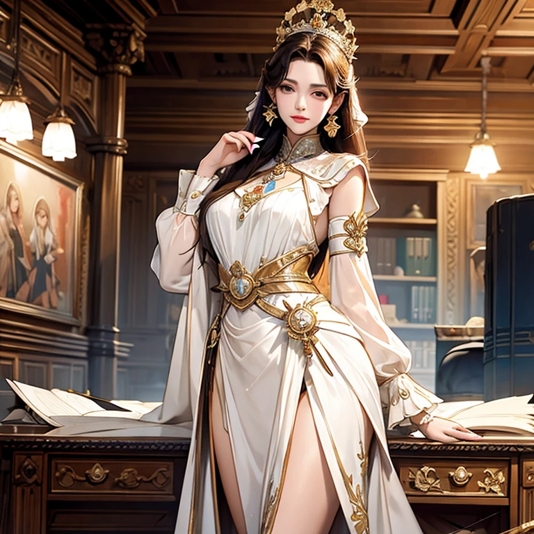 work of art, Great, (DESK: 1.8), CG drawing with super high details, standing, 1 royal sister, Jumpy, a woman with short, tanned hair, layered dress, hands crossed at the waist, facing the public, illustration, wide angle panorama