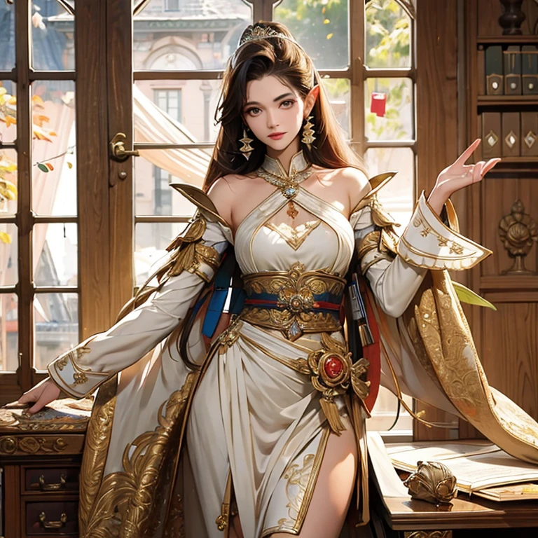 work of art, Great, (DESK: 1.8), CG drawing with super high details, standing, 1 royal sister, Jumpy, a woman with short, tanned hair, layered dress, hands crossed at the waist, facing the public, illustration, wide angle panorama