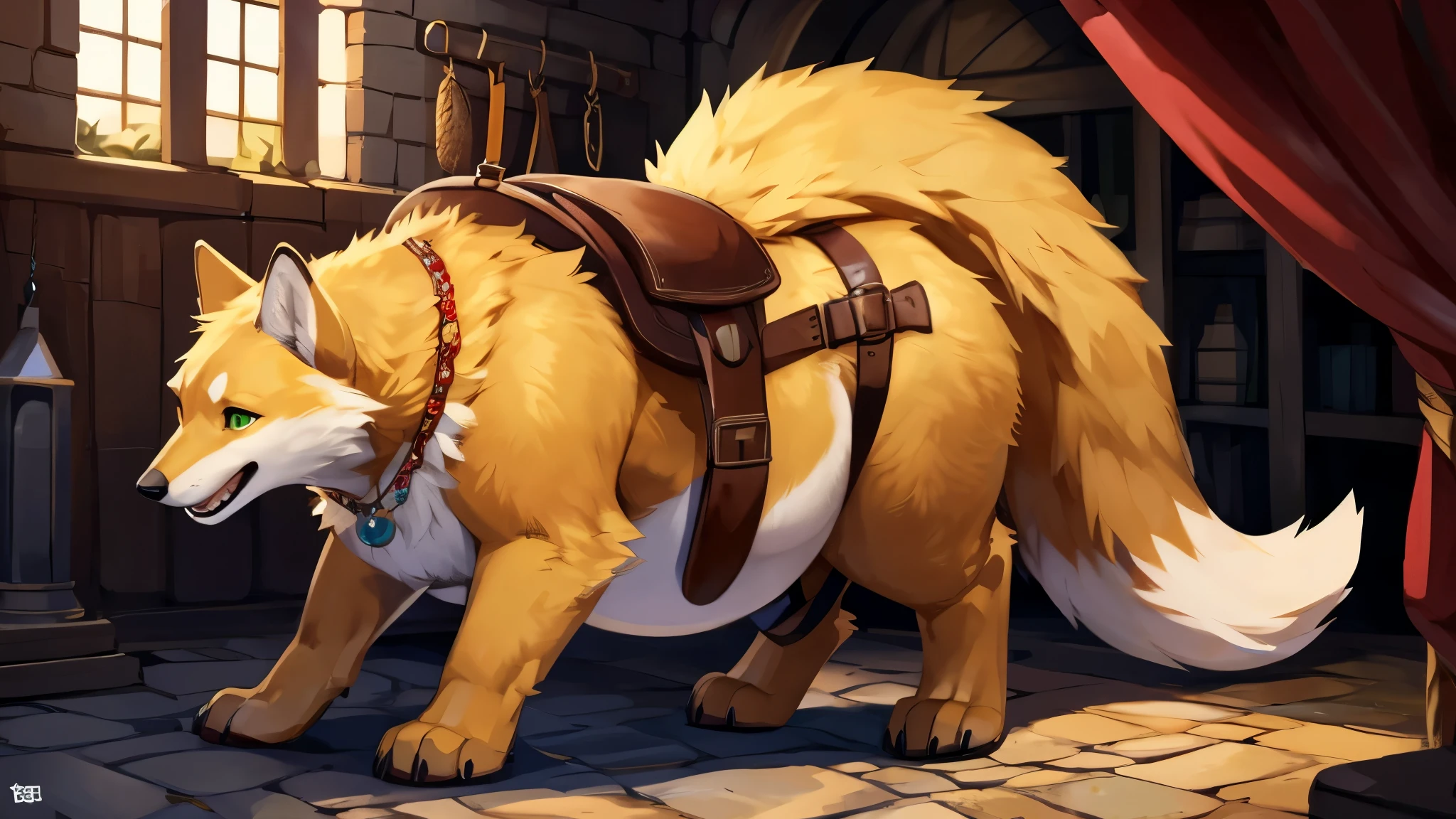 4k ultra quality, 4k full body view,ultra high detailed body,singo person,feral fox, detailed body, white belly fur, ((round feral belly)), enormous belly, enormous body,by mystikfox61, by glitter trap boy, by bebebebebe,by morethreedee, by seibear,(thick thigh),(chubby thigh),thicc thigh,thick legs,chubby legs,thicc legs,massive butt,enomorous thigh,massive thigh,massive legs,(detailed thigh),(wide thigh),thick butt,fluffy belly,furry belly,sharp nails,((sfw)),(ultra detailed face),ultra detailed eyes,cute face,green eyes,(golden fur),mouth open,big tail,fluffy tail,(detailed tail),enomorous tail,bigger tail,huge tail,bloated feral belly,enomorous thigh,fluffy paws,detailed paws,thick paws,chubby paws,huge paws,big paws,(black paws),bare paws,ornate belts,ornate necklace,golden bracelet,leather belts,multiple belts, saddle bags,ornate saddle,saddle packs,big packs,in dark dungeon,mediaeval style
