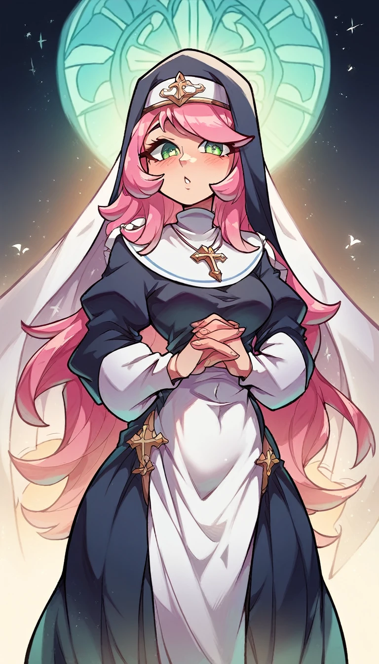 a girl cyber nun beautiful intelligent long pink hair wavy her green eye wearing virtual lens blue helmet micro dresses nun long dress and a long black skirt she shows digital hand