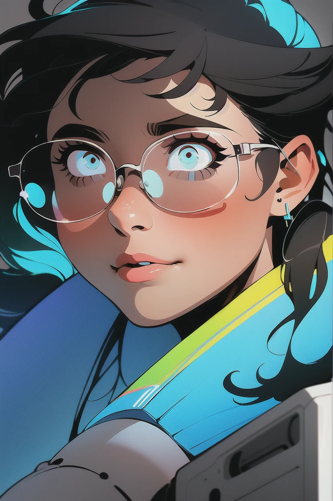 A girl sitting in front of the computer, with big glasses and a chubby body, With black hair