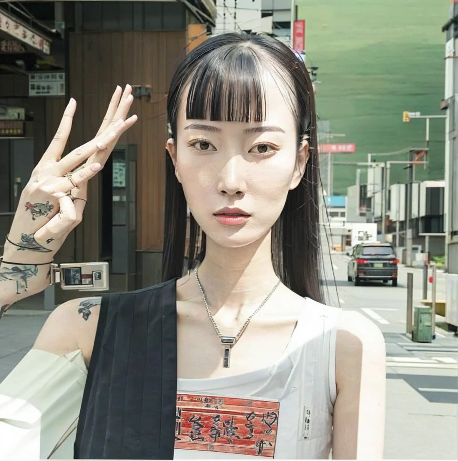 there is a woman standing on the sidewalk in a white dress, of taiwanese girl with tattoos, a young asian woman, chinese girl, in city street, an asian woman, taken in 2 0 2 0, korean girl, at a city street, chinese woman, yakuza slim girl, beautiful south korean woman, forest city streets behind her, young asian girl, asian girl