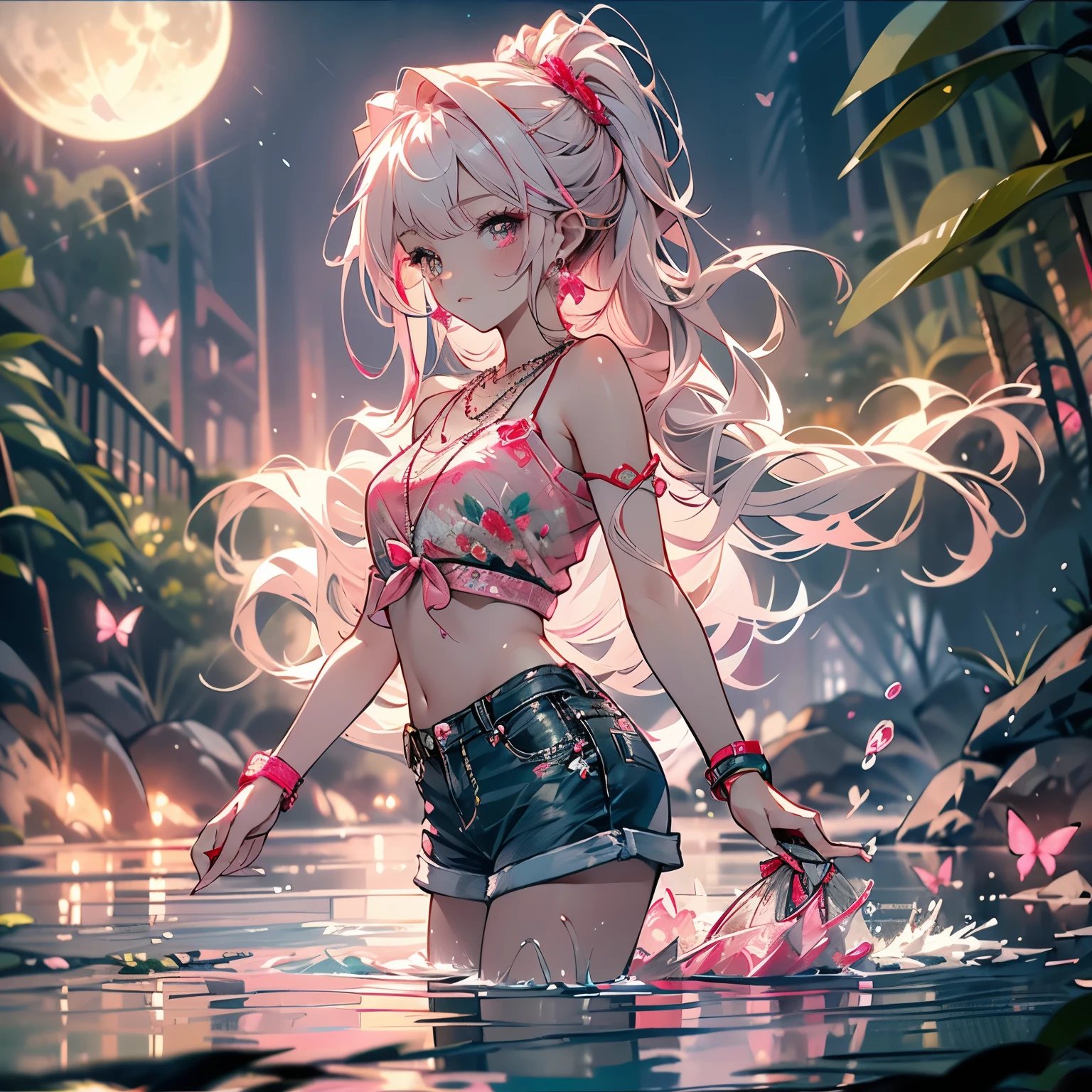 looking back,low angle,from below,(beautiful pink and green butterflies all over the place),
((masterpiece:1.4, best quality)), ((masterpiece, best quality)),low angle,beautiful pony tail silver green hair,beautiful  pink eyes,little cute   girl,wet full body, bathing in the water,water falls,water splash,lovely laugh,denim shorts,pink and green baseball cap, ((pink and green elegant summer bikini)), (Lace chalker, wristband, diamond necklace,earrings),cinematic lighting and pause,beautiful natural mysterious park,night sky,full moon,(beautiful pink and green butterflies all over the place),