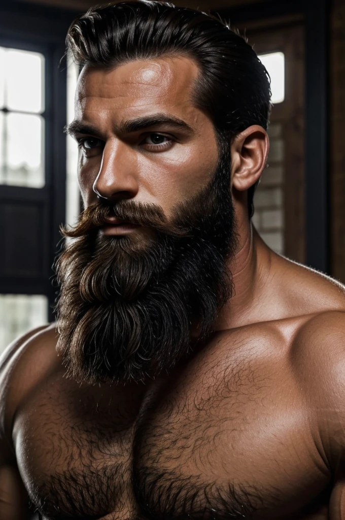 Homme cheveux noir, yeux brun, grand, nu, aucune barbe, un peu de muscles.