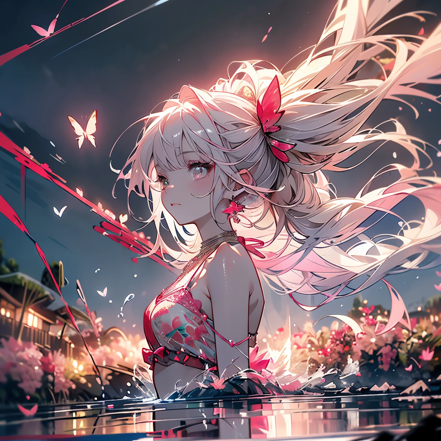 (beautiful pink and green butterflies and dragonflies all over the place),colorful flowers,fantasy beams and lights,
((masterpiece:1.4, best quality)), ((masterpiece, best quality)),low angle,beautiful pony tail silver red hair,beautiful red eyes,little cute girl,wet full body, bathing in the water,water falls,water splash,lovely laugh,denim shorts,pink and red baseball cap, ((pink and red elegant string tied summer bikini)), (Lace chalker, wristband, diamond necklace,earrings),cinematic lighting and pause,beautiful natural mysterious park,night sky,full moon,(beautiful pink and green butterflies and dragonflies all over the place),