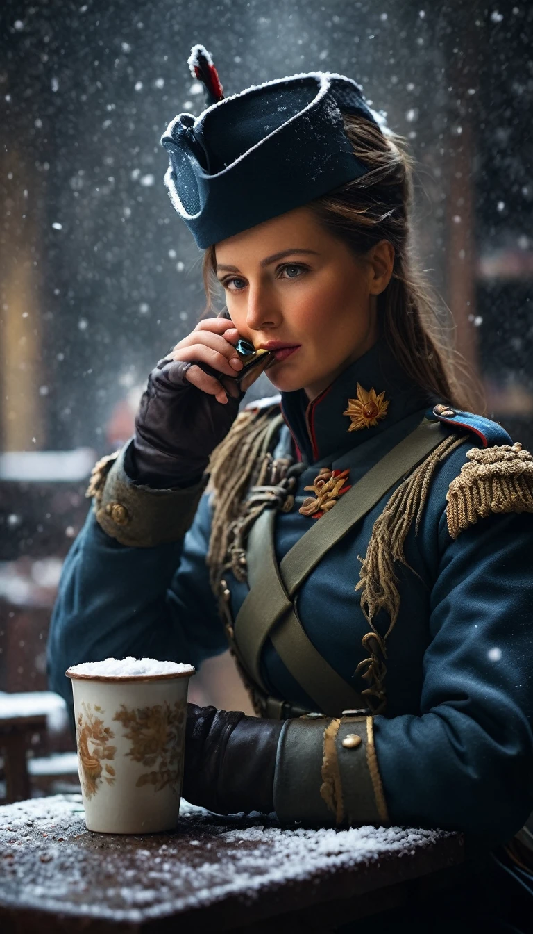 Show Napoleon's female soldier drinking coffee in front of her post. 
Depict the soldier feeling cold, with snow falling around her.
Use cold and muted colors to convey the harshness of the winter and the exhausting guarding duty, background dark, hyper realistic, ultra detailed hyper realistic, photorealistic, Studio Lighting, reflections, dynamic pose, Cinematic, Color Grading, Photography, Shot on 50mm lens, Ultra-Wide Angle, Depth of Field, hyper-detailed, beautifully color, 8k