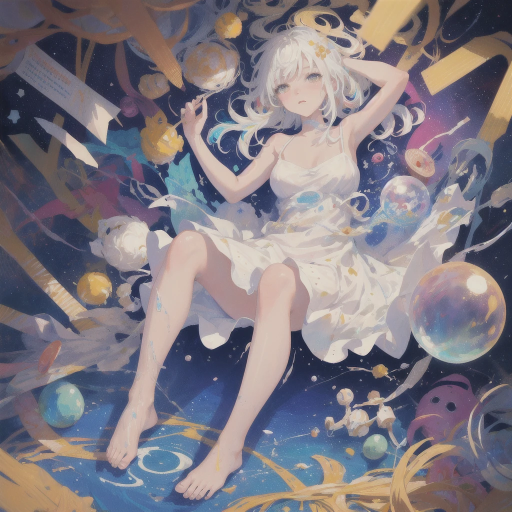 (masterpiece, best quality:1.2), (ultra detailed),(illustration), wallpaper, original,
1girl, messy white hair, spaghetti strap, white dress, bare legs, bare feet, bare arms, space, Earth background, near-earth orbit, full body,
,(surrounded by colorful splashes and dot),colorful bubble,(shining)