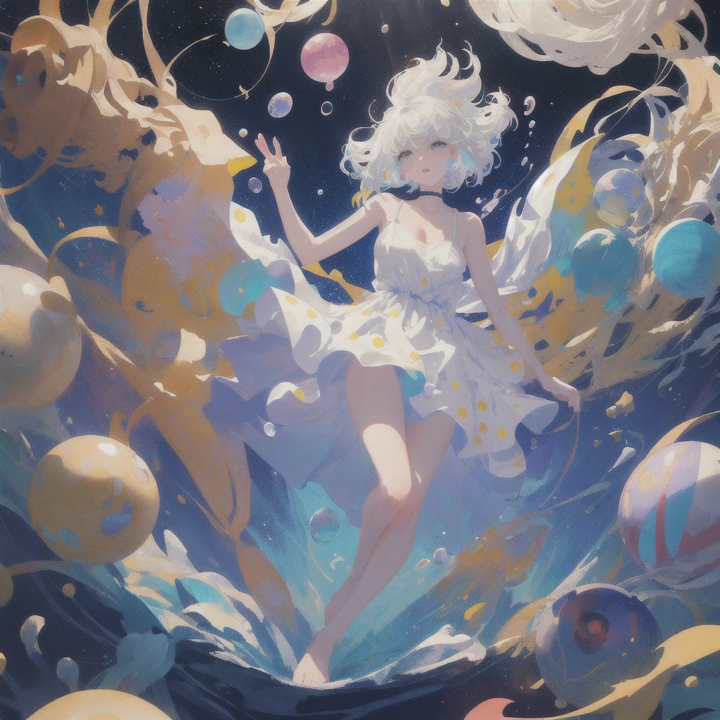 (masterpiece, best quality:1.2), (ultra detailed),(illustration), wallpaper, original,
1girl, messy white hair, spaghetti strap, white dress, bare legs, bare feet, bare arms, space, Earth background, near-earth orbit, full body,
,(surrounded by colorful splashes and dot),colorful bubble,(shining)