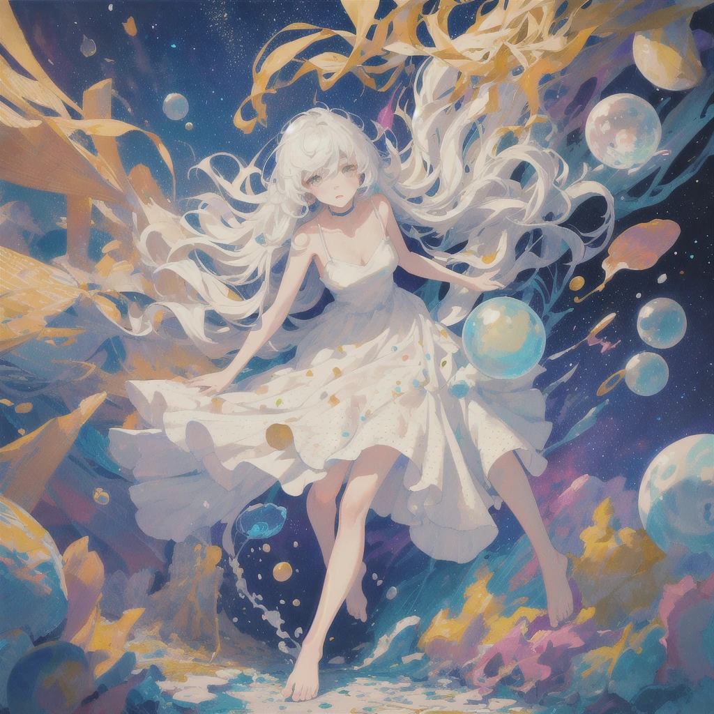 (masterpiece, best quality:1.2), (ultra detailed),(illustration), wallpaper, original,
1girl, messy white hair, spaghetti strap, white dress, bare legs, bare feet, bare arms, space, Earth background, near-earth orbit, full body,
,(surrounded by colorful splashes and dot),colorful bubble,(shining)