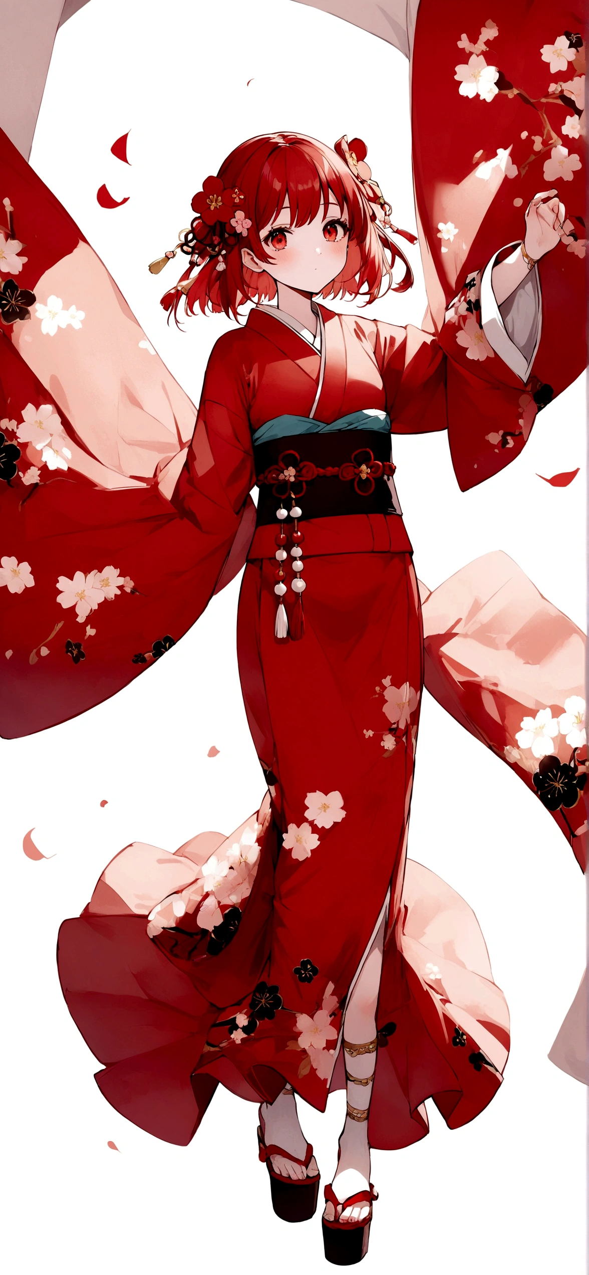 White background、Red kimono、Red Hair、Red eyes、Plum blossom accessories、25 year old sister、whole body