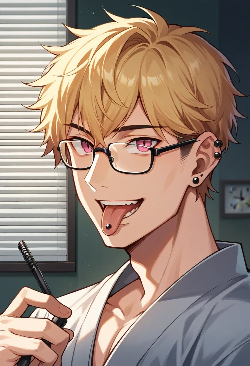 solo, Masculine, looking at viewer, smile, short hair, open mouth, bangs, blonde hair, 1boy,Standing, jewelry, upper body, male focus, earrings, japanese clothes, glasses, teeth, tongue, indoors, tongue out, pink eyes, kimono, piercing, ear piercing, portrait, tongue piercing, blinds Hairdresser,Away from the alarm clock,