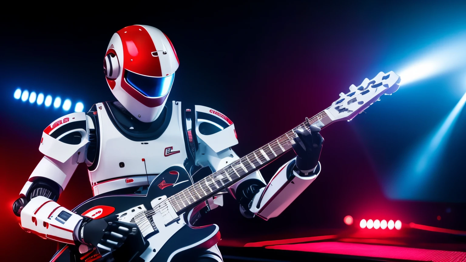 CREATE criar um robot playing guitar, white and red UNIFORM METALIC, eletronic style, on stage, lights, ELETRIC GUITAR STYLE. 8K,ON STAGE, UNIQUE UNIVERSE ROBOT