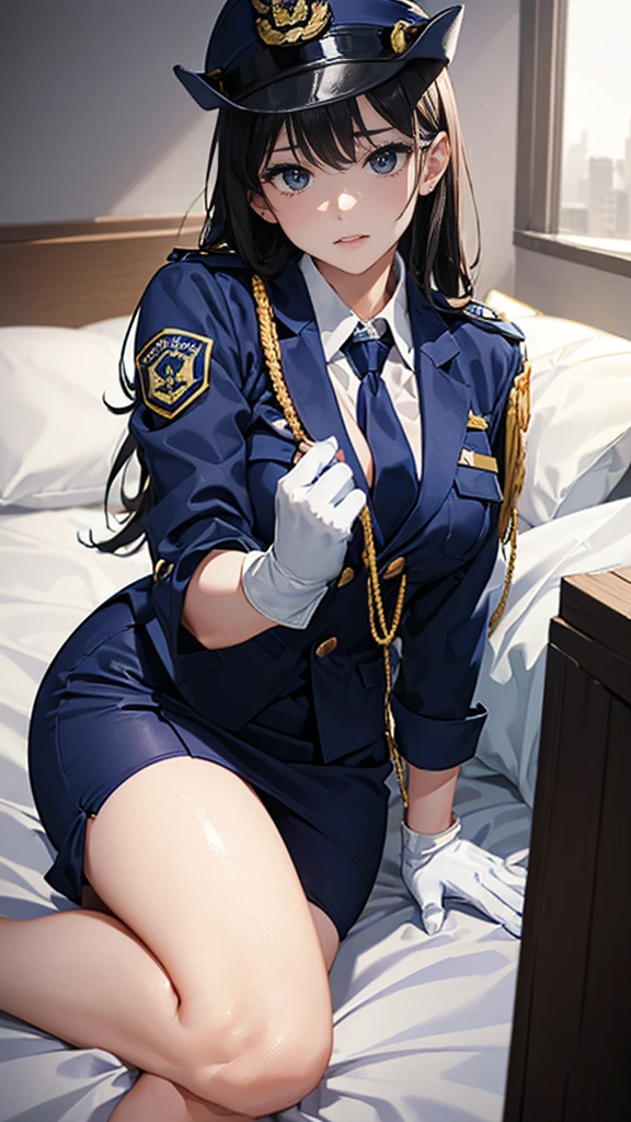 Highest quality、masterpiece、8K、Realistic、超High resolution、Very delicate and beautiful、High resolution、Cinema Lighting、medium range shooting、Perfect female body、Beautiful woman、Mature Woman、Beautiful Eyes、Cityscape、((Female police officer:1.4、紺色のFemale police officer、Female police officerの制帽、Uniform Buttons、Navy blue tie、Uniform jacket、White gloves))、pantyhose、Pencil Skirt、Stiletto heel pumps、Police Badge、Epaulettes、Bent body、Lie in, Look to the side, Worried face,  Drunk look、Hot body、Sweaty、bedroom、On a bed with white sheets、aroused、in heat、