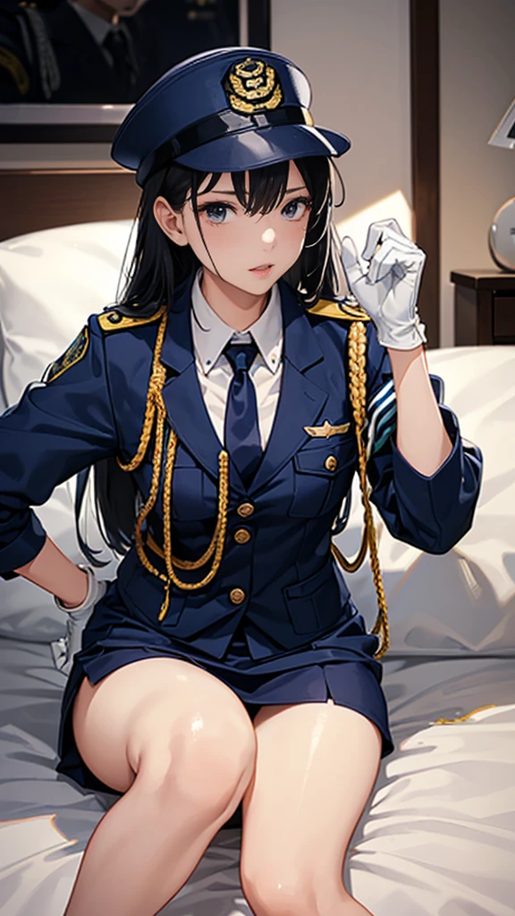 Highest quality、masterpiece、8K、Realistic、超High resolution、Very delicate and beautiful、High resolution、Cinema Lighting、medium range shooting、Perfect female body、Beautiful woman、Mature Woman、Beautiful Eyes、Cityscape、((Female police officer:1.4、紺色のFemale police officer、Female police officerの制帽、Uniform Buttons、Navy blue tie、Uniform jacket、White gloves))、pantyhose、Pencil Skirt、Stiletto heel pumps、Police Badge、Epaulettes、Bent body、Lie in, Look to the side, Worried face, Drunk look、Hot body、Sweaty、bedroom、On a bed with white sheets、aroused、in heat、
