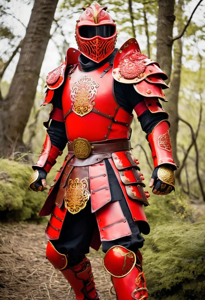 fiery red leather armor based off of a karate master with blazing brass knuckles