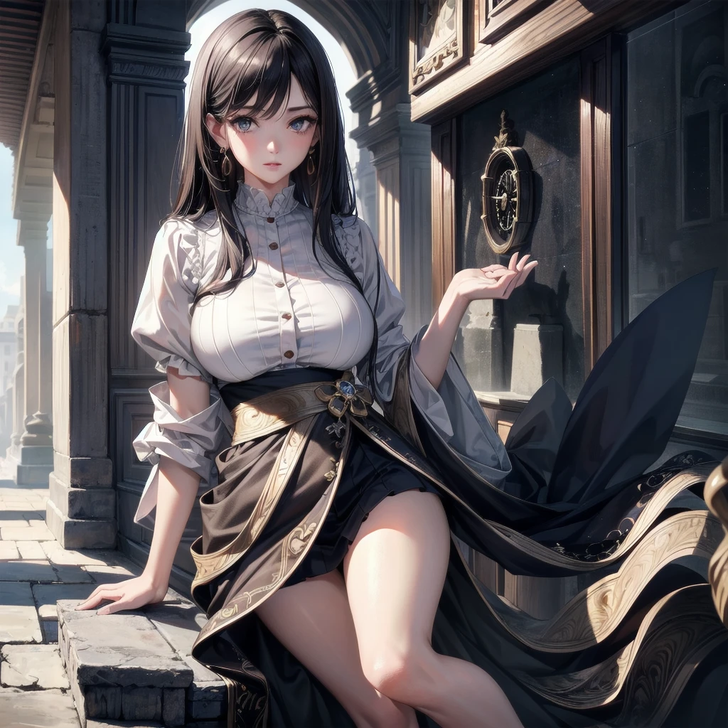 absurdres, RAW photo, extremely delicate and beautiful, masterpiece, Best Quality, ultra high resolution, 32k, hyperrealistic, ultra-detailed, Very detailed CG 8k wallpaper, Beautiful Lighting, Perfect Lightning, Realistic Shadows, perfect anatomy, super Detailed skin, Japanese woman, late 20s, very Slim body, narrow waist, very small head, handsome detailed woman, very detailed eyes and face, realistic face proportions, Stunning detailed eyes, Realistic beautiful face, very small face, Realistic small beautiful eyes, tearful mole, earring, beautiful and very thin legs, beautiful and very thin thighs, very huge round breasts, medium hair, black hair, full body shot, (white shirt:1.2), brown skirt,