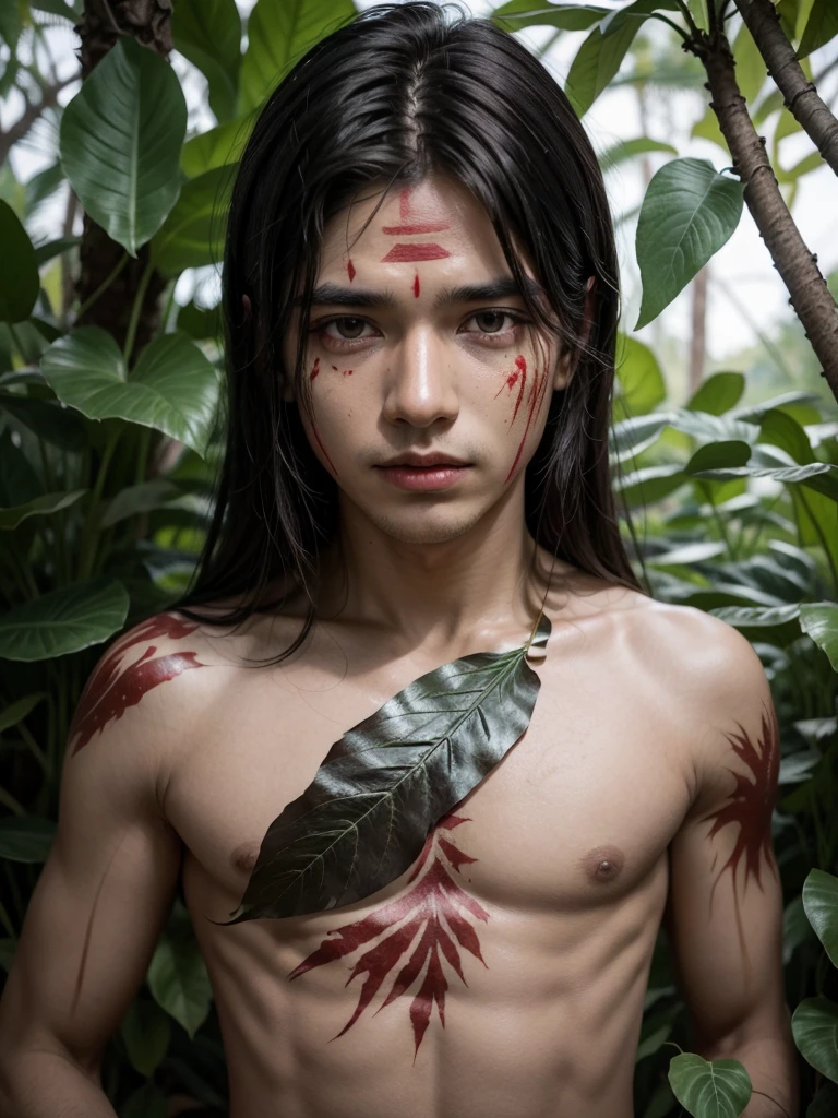 Raising a baby boy with dark straight hair, red paint on his face, looking like an Indian with leaves on his body, behind a jungle