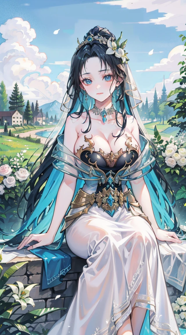 beautiful woman，Folk Girl，white with blue eyes，Twist，Wear a strapless wedding dress with no straps.，countryside，countryside，beautiful scenery，European Middle Ages，smile with teeth，forehead，forehead exposed，big tits，rift, 