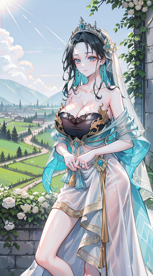 beautiful woman,Folk Girl,white with blue eyes,Twist,Wear a strapless wedding dress with no straps.,countryside,countryside,beautiful scenery,European Middle Ages,smile with teeth,forehead,forehead exposed,big tits,rift,