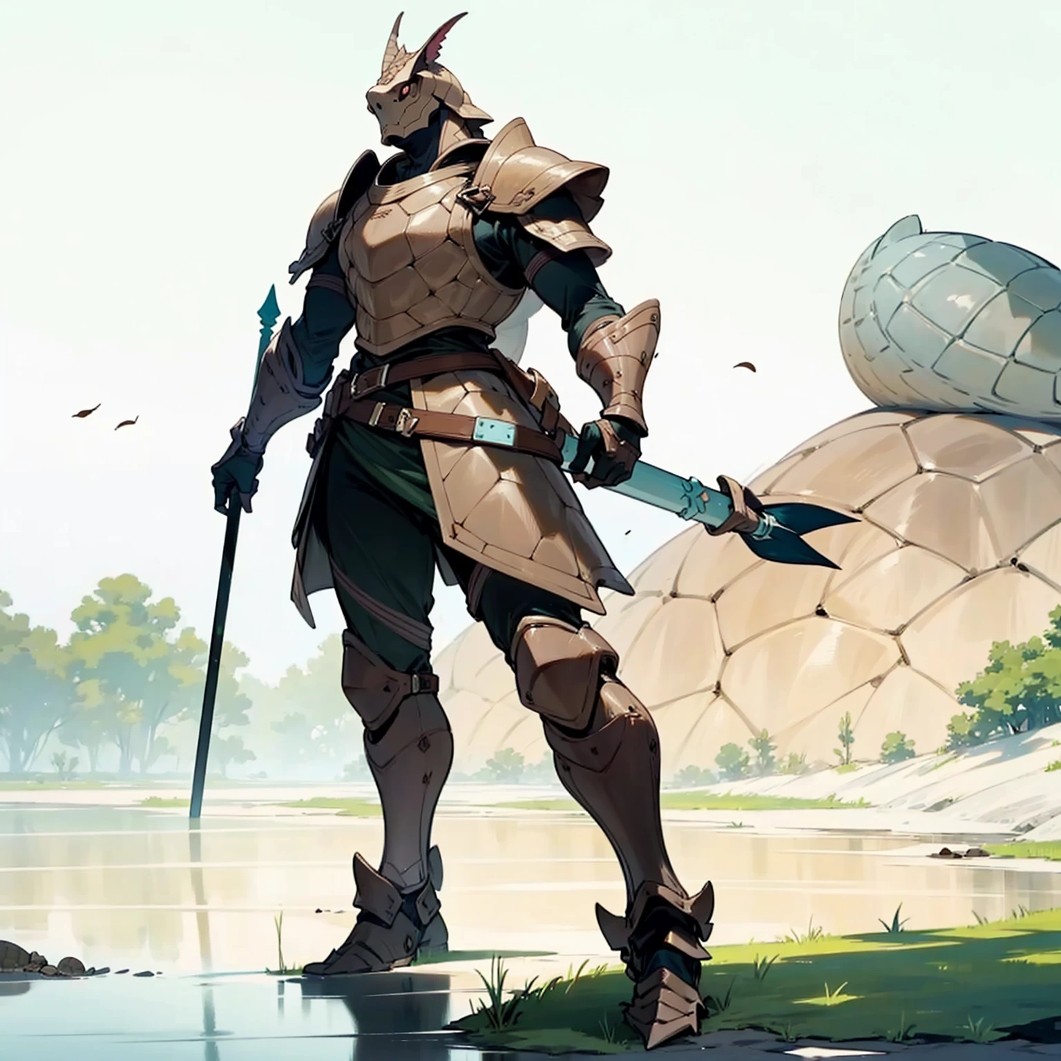 Turtle mixed with Armadillo, Chocolate colour skin, armor turtle, Armadillo head, spear in hand