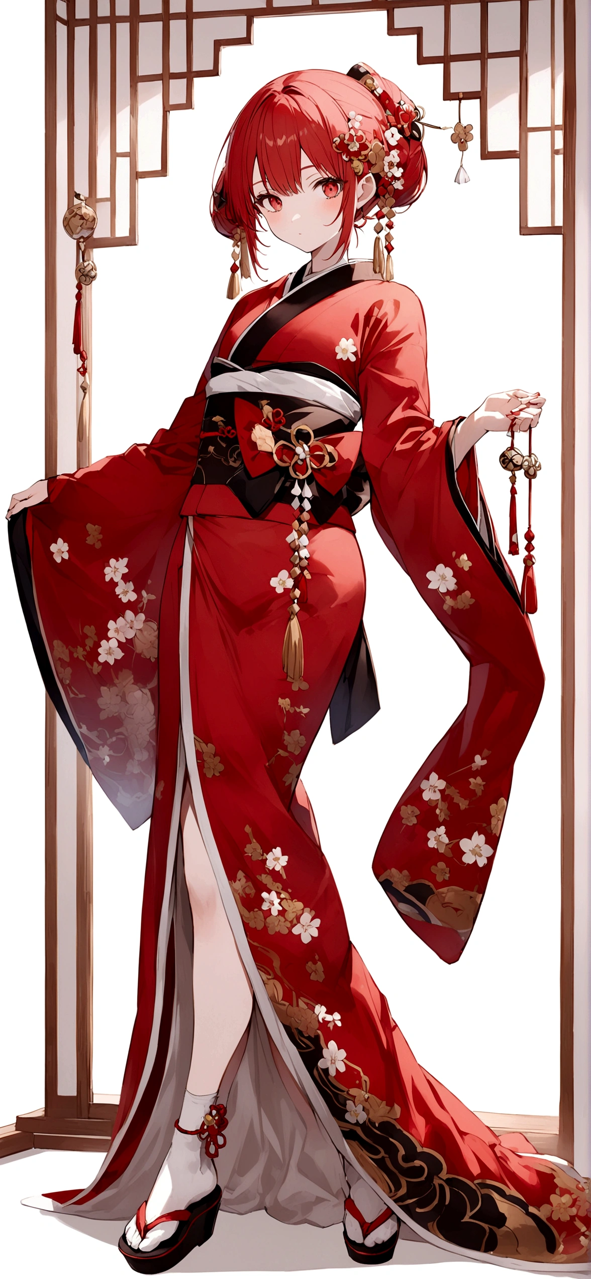 White background、Red kimono、Red Hair、Red eyes、Plum blossom accessories、25 year old sister、whole body