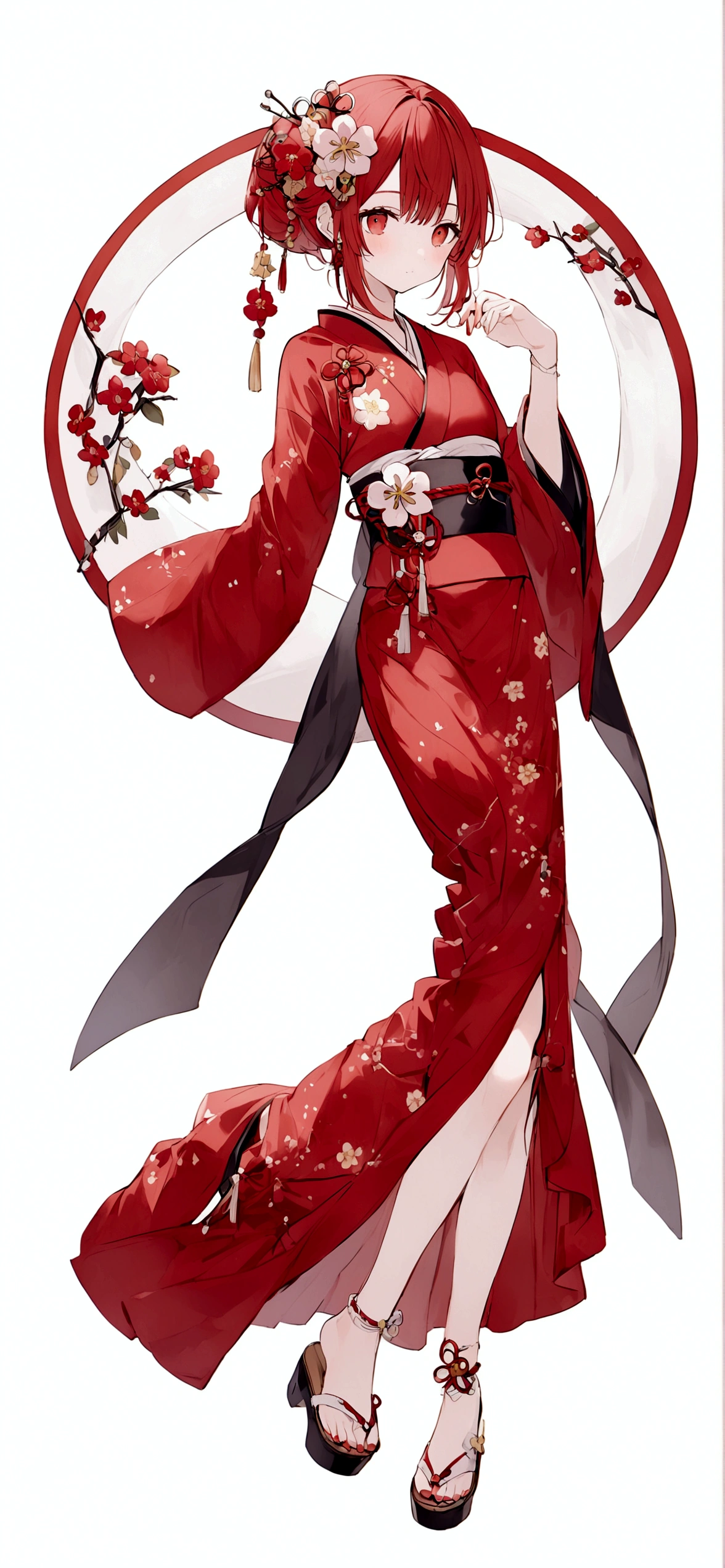 White background、Red kimono、Red Hair、Red eyes、Plum blossom accessories、25 year old sister、whole body