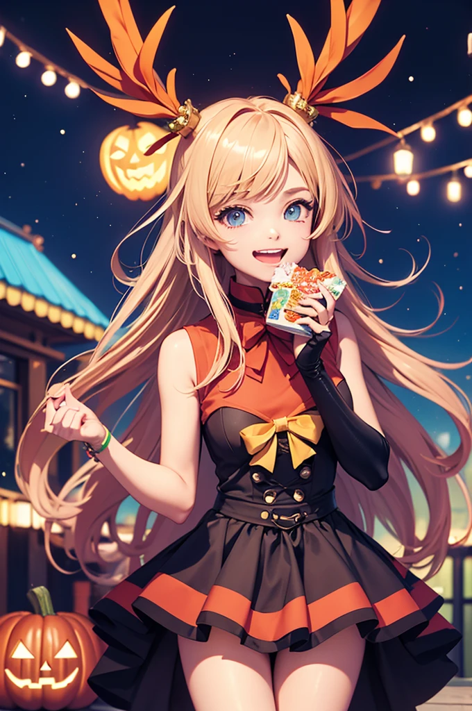 1 girl, game CG, plain black T-shirt, white short skirt, hair scrunchie, gigantic breasts, blonde, middle hair, side ponytail, green eyes, night, amusement park, Halloween background, smile,