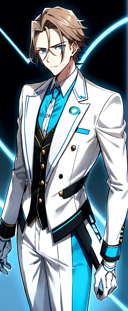 (masculine) (23 years) (a tall, slender young man with a muscular and toned body, His hair is light brown and is messy, covering his forehead., His eyes are blue and his skin is light-skinned..) (robotic body, fitted white suit with neon light blue details) (laboratory background) (with a button in the center of his chest, with circular shape)