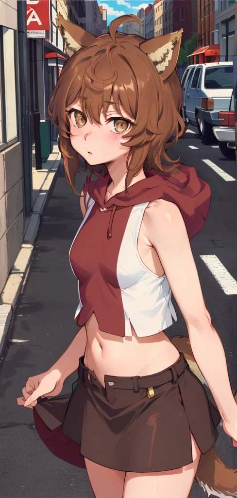 anime coloring,anime screencap,
1girl, solo, nsfw, skirt, tail, animal ears, healthy skin, navel, brown hair, blush, sleeveless, dog ears, short hair, standing straight, (((ultra-detailed eyes, 20 years old, street, brown_eyes))).( Cowboy_shot).
